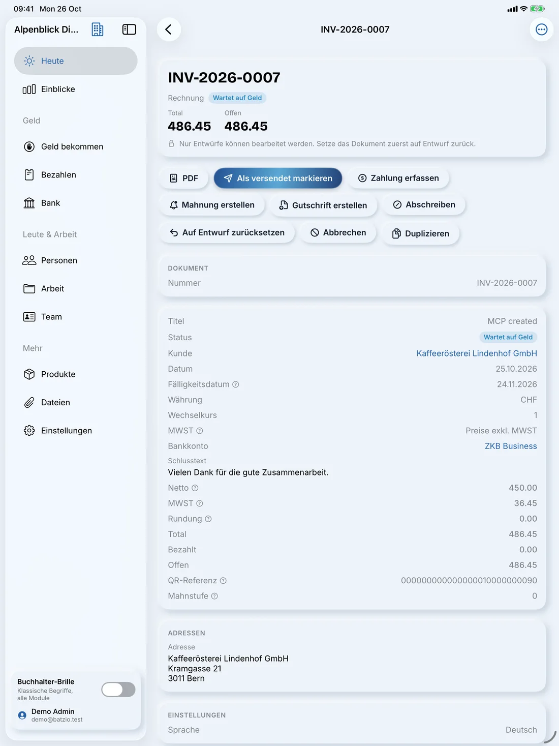 Batzio for iPad: an invoice, in German